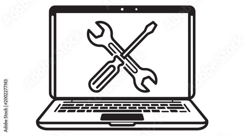 Laptop repair, maintenance icon, crossed wrench and screwdriver, computer tools, black line art