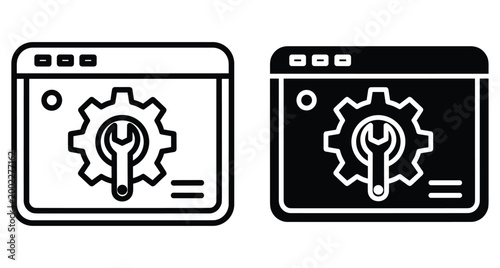 Web browser window with gear and wrench icons representing website maintenance software development technical support configuration settings and system optimization tools