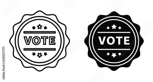 Vote badge icon set with stars and wavy border for election day political campaign voting choice and democratic process participation