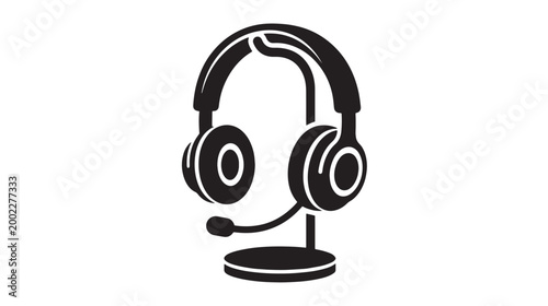 Headset icon, black and white illustration, customer service symbol, call center sign