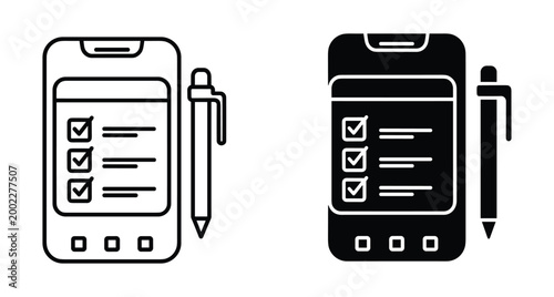 Smartphone checklist icon set with pen showing mobile survey digital task management online form questionnaire and electronic signature interface