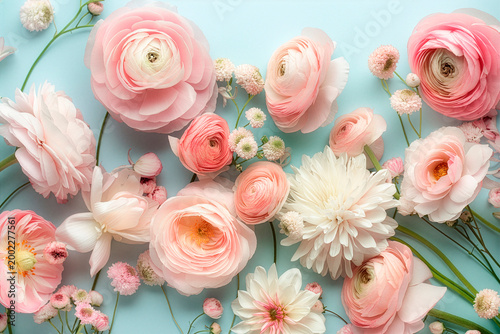 Elegant pastel flower bouquet in top view with clean composition and soft tones, captured in high-end professional photography.