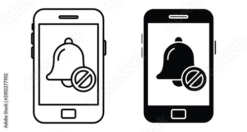 Smartphone notification bell icon with do not disturb symbol showing silent mode alert off mute settings for mobile device