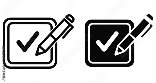 Checkbox icon set with pen and checkmark symbol for survey feedback form questionnaire test exam evaluation voting and registration