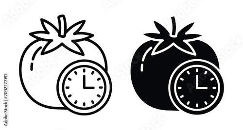 Pomodoro technique icon set featuring tomato and clock symbols for time management productivity efficiency focus work study and kitchen cooking