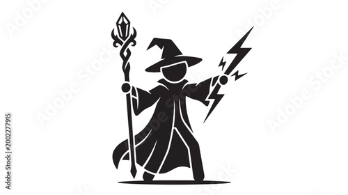 Fantasy wizard stick figure holding magical staff and lightning bolt, black silhouette sorcerer casting spells, mystical warlock character vector icon