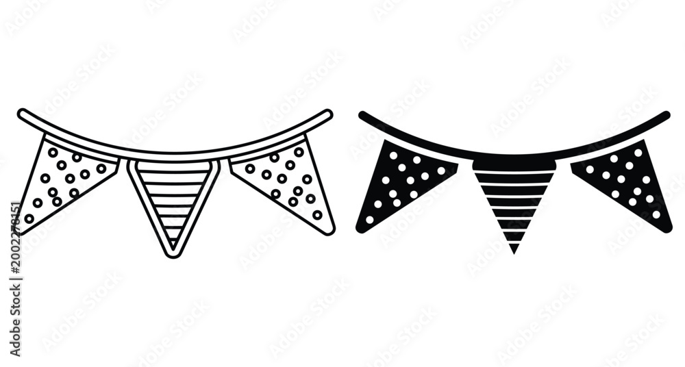 Obraz premium Bunting flags garland set with polka dots and stripes patterns for party celebration event decoration outline and solid black silhouette icons