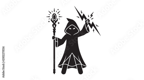 Fantasy wizard, mystical robed figure, magic staff, lightning bolt vector icon