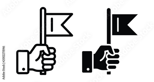 Hand holding flag icon set with outline and solid versions representing achievement success leadership goal milestone victory competition and business progress