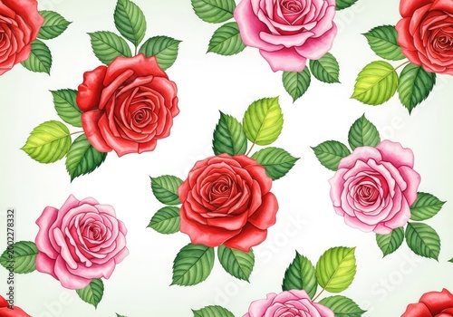 Elegant seamless pattern featuring blooming red and pink roses with green leaves on a soft white background for fabric and wallpaper design, garden, nature, scrapbook