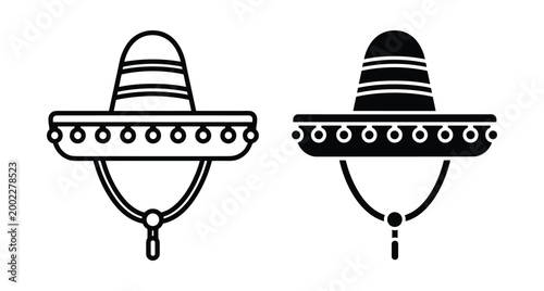 Mexican sombrero hat icon set featuring traditional wide brim design with stripes and chin strap in outline and solid styles