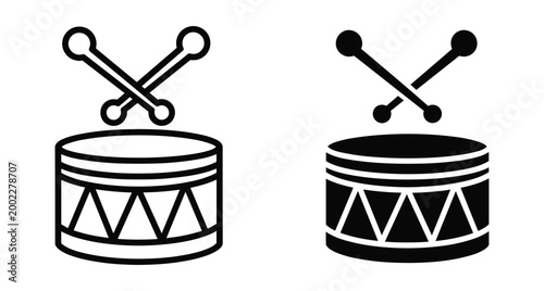 Drum icon set with crossed drumsticks featuring outline and solid black styles for music production rhythm and percussion design