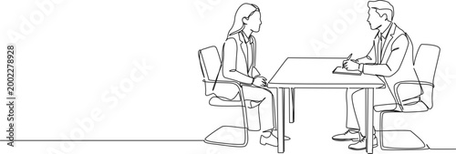 continuous line drawing of man and woman in interview situation, line art vector illustration