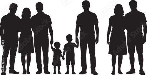 Happy family silhouettes set showing parents and children enjoying outdoor moments together, minimal vector illustration of family activities, parenting, love, bonding, and togetherness for lifestyle