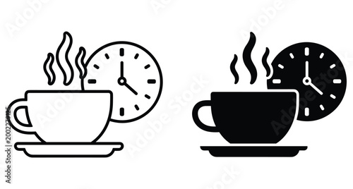 Coffee cup icon with steam and clock symbol representing morning break time management caffeine routine breakfast drink beverage silhouette outline set