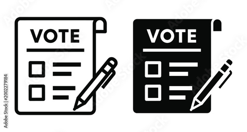 Voting ballot paper icon set with pen for election choice democracy political campaign survey questionnaire form outline and solid style graphic
