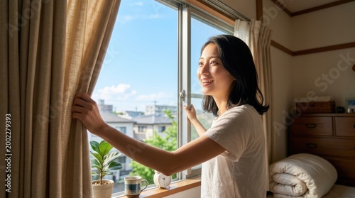 梅雨明けの晴れた朝に窓のカーテンを開けて笑顔を見せる女性