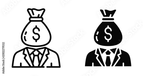 Businessman with money bag head dollar sign icon set representing greed wealth financial success corporate profit capitalism and banking investment