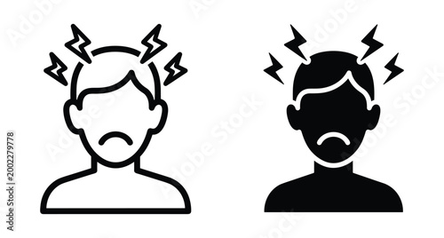 Headache icon set showing man with migraine pain stress tension mental health issues and lightning bolts around head for medical design