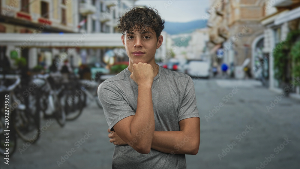 Fototapeta premium Teenage boy with fist under chin and arm crossed, posing on a street with parked bicycles and buildings in view; thoughtful introspection youth.