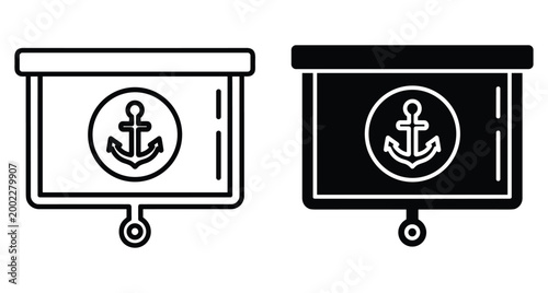 Presentation screen icon showing nautical anchor symbol for maritime education shipping business reports naval lectures and sea travel seminars