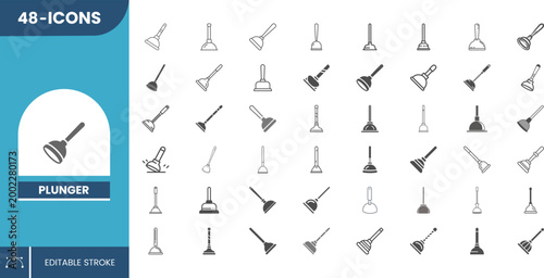 Editable Plunger Icon Set – Clean Flat Vector Collection for Plumbing Tools, Drain Cleaning Equipment and Bathroom Maintenance Use.