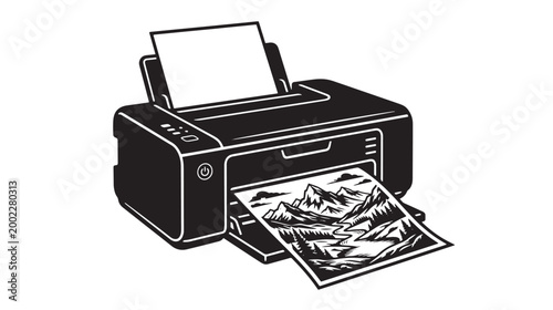 Black and white printer icon, printing photo, office equipment, vector illustration