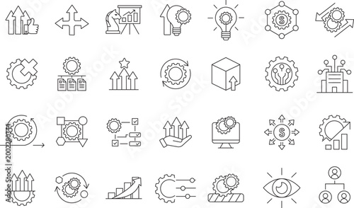 Business Transformation editable stock outline icon set. related to innovation, strategy, growth, optimization, process, and more.