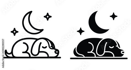Sleeping dog icon set featuring a cute puppy resting under a crescent moon and stars in outline and solid styles