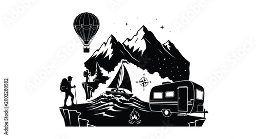 Adventure seeker exploring nature with camper, sailboat, and hot air balloon vector illustration design