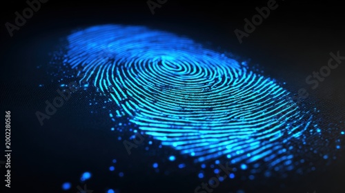 Glowing digital fingerprint identification on dark background