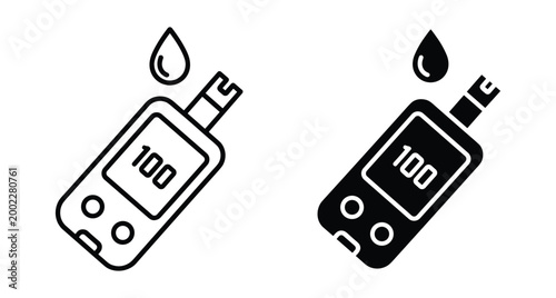 Blood glucose meter icon set with digital display showing sugar level and blood drop for diabetes monitoring and healthcare tracking