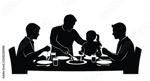 Family enjoying a meal together with a father serving food at the table setting