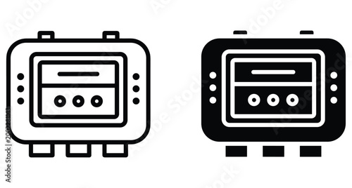 Electric meter icon set showing utility measurement device in line and solid styles for industrial power monitoring and energy consumption