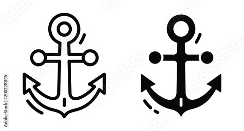 Nautical anchor icon set featuring outline and solid black silhouette designs for maritime shipping sailing boat and ocean travel themes