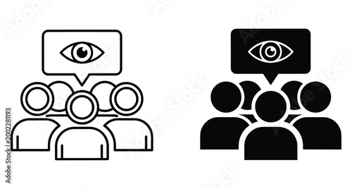 Audience perception icon set showing group of people with eye symbol in speech bubble for public observation and social monitoring