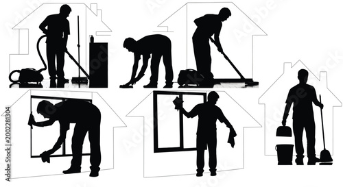 Black silhouette vector illustration of professional cleaners performing various house maintenance tasks in different daily poses