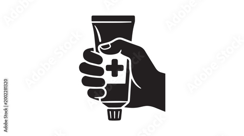 Medical ointment tube held by hand vector icon, black and white first aid cream illustration, antiseptic gel squeeze tube for healthcare