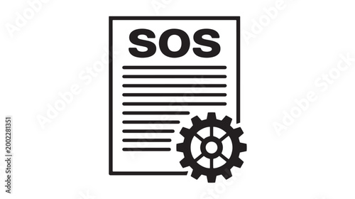 SOS emergency document with gear icon, technical support distress signal vector, black and white maintenance help request icon for web design