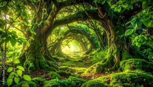 Mystical forest path with mossy trees forming arches, light at the end of the tunnel