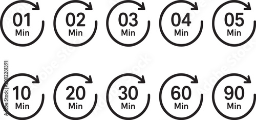 Set of Minute Timer Icons with Circular Arrows 1 to 90