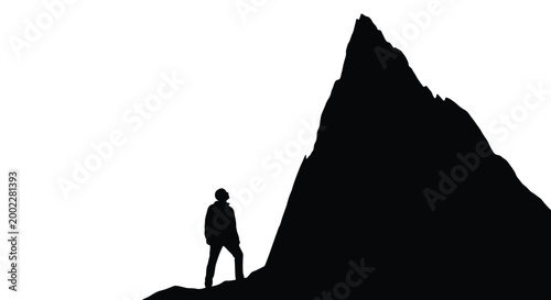 Vector graphic illustration of a person looking up at a towering mountain peak, symbolizing ambition and challenge.