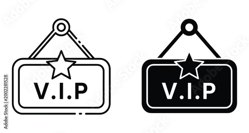 VIP hanging sign icon set with star symbol in outline and solid black style for membership access and exclusive events
