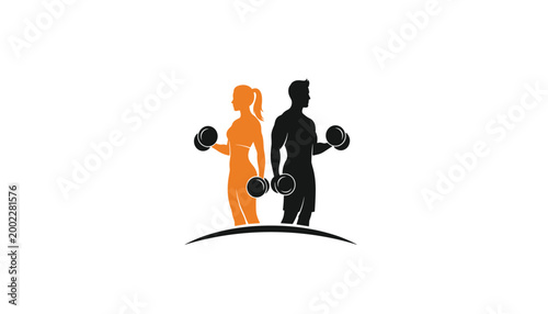Male and female fitness silhouettes with dumbbells and bicep flex vector