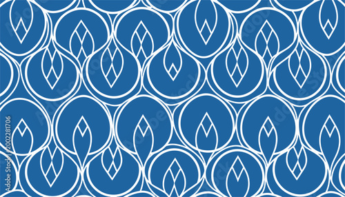Abstract blue and white art deco floral pattern vector seamless background