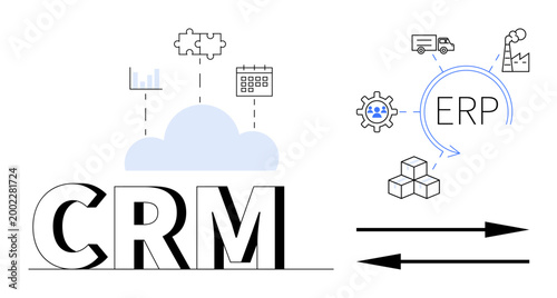 Business management, software integration, data analysis, supply chain, automation, cloud solutions. CRM and ERP icons accompanied by cloud, logistics and gear symbols. Business management