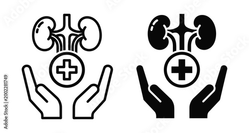 kidney health icon set showing renal system with medical cross and hands for organ donation transplant and urology care services