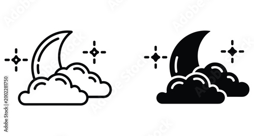 Crescent moon with clouds and stars icon set in outline and solid black style for weather forecast and night sky