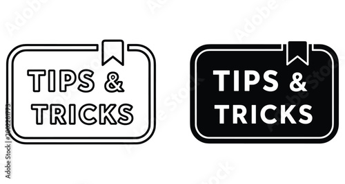 Tips and tricks icon set with outline and solid badge designs for educational guides tutorials helpful advice and quick hints