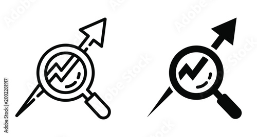 Magnifying glass analyzing rising arrow graph for business growth market research data analysis financial success strategy development performance tracking icon set